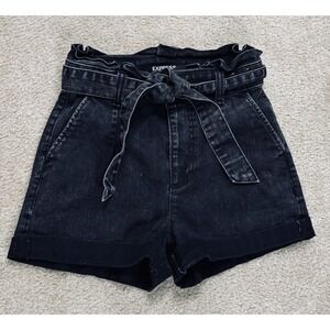 Express Shortie Extreme High Rise Womens Shorts 4 Black Belted Paperbag Denim